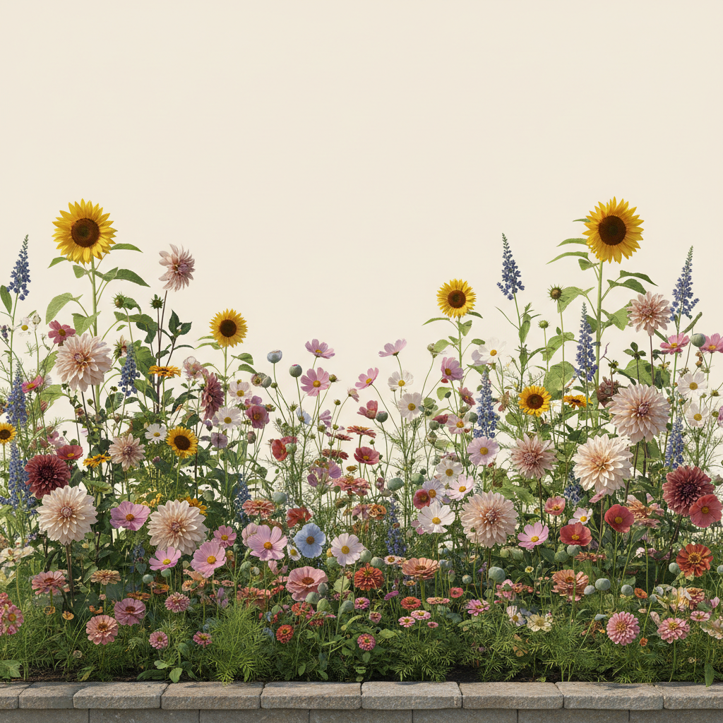 Rabatt med dahlia, zinnia, cosmos i full sol – 40 m² snittblomsterbädd