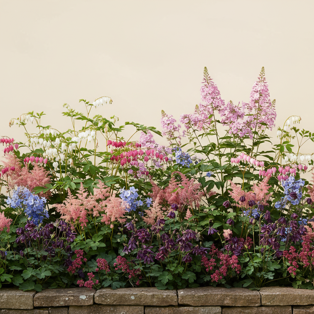Rabatt med löjtnantshjärta, astilbe, höstflox i halvskugga – 9 m² perennrabatt