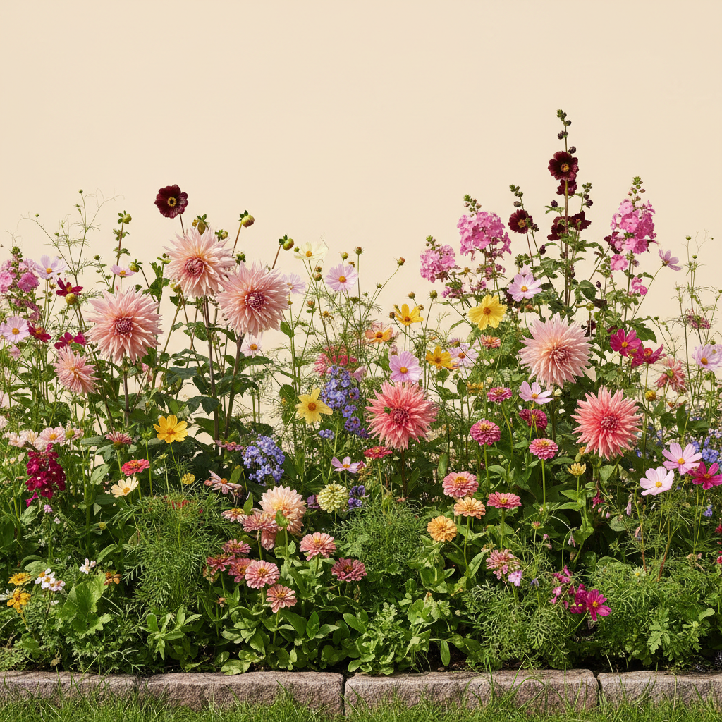 Rabatt med dahlia, zinnia, cosmos i full sol – 10 m² blandad rabatt