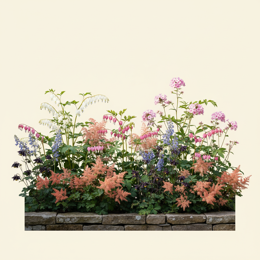 Rabatt med löjtnantshjärta, astilbe, höstflox i halvskugga – 6 m² perennrabatt