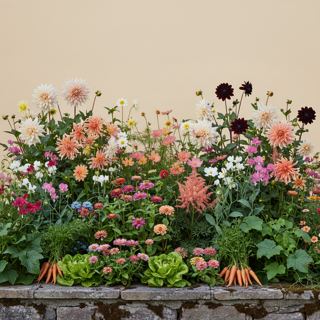 Rabatt med dahlia, zinnia, cosmos i skugga – 20 m² blandad rabatt