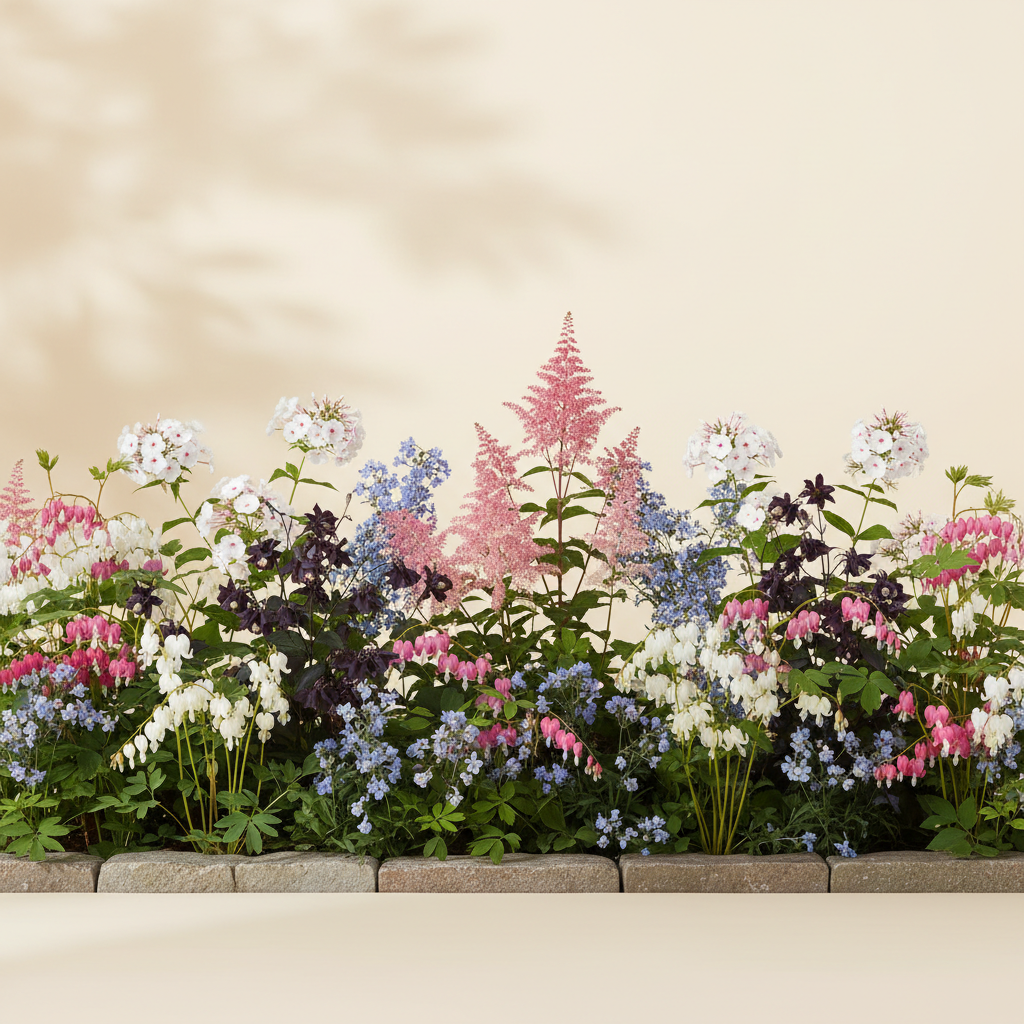 Rabatt med löjtnantshjärta, astilbe, höstflox i halvskugga – 6 m² perennrabatt