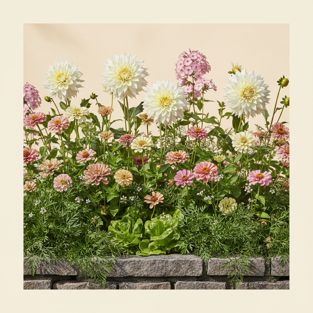 Rabatt med dahlia, zinnia, trädgårdssallat i full sol – 1 m² blandad rabatt