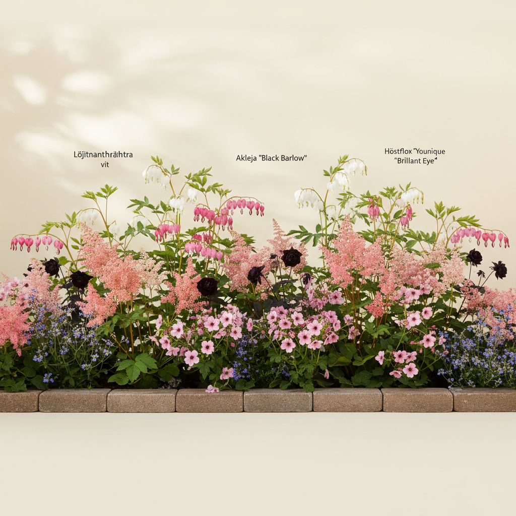 Rabatt med löjtnantshjärta, astilbe, höstflox i halvskugga – 6 m² perennrabatt