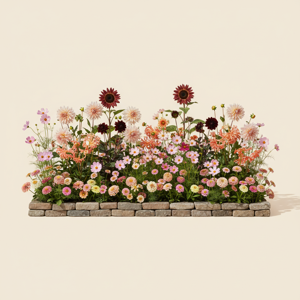 Rabatt med dahlia, zinnia, cosmos i full sol – 6 m² snittblomsterbädd