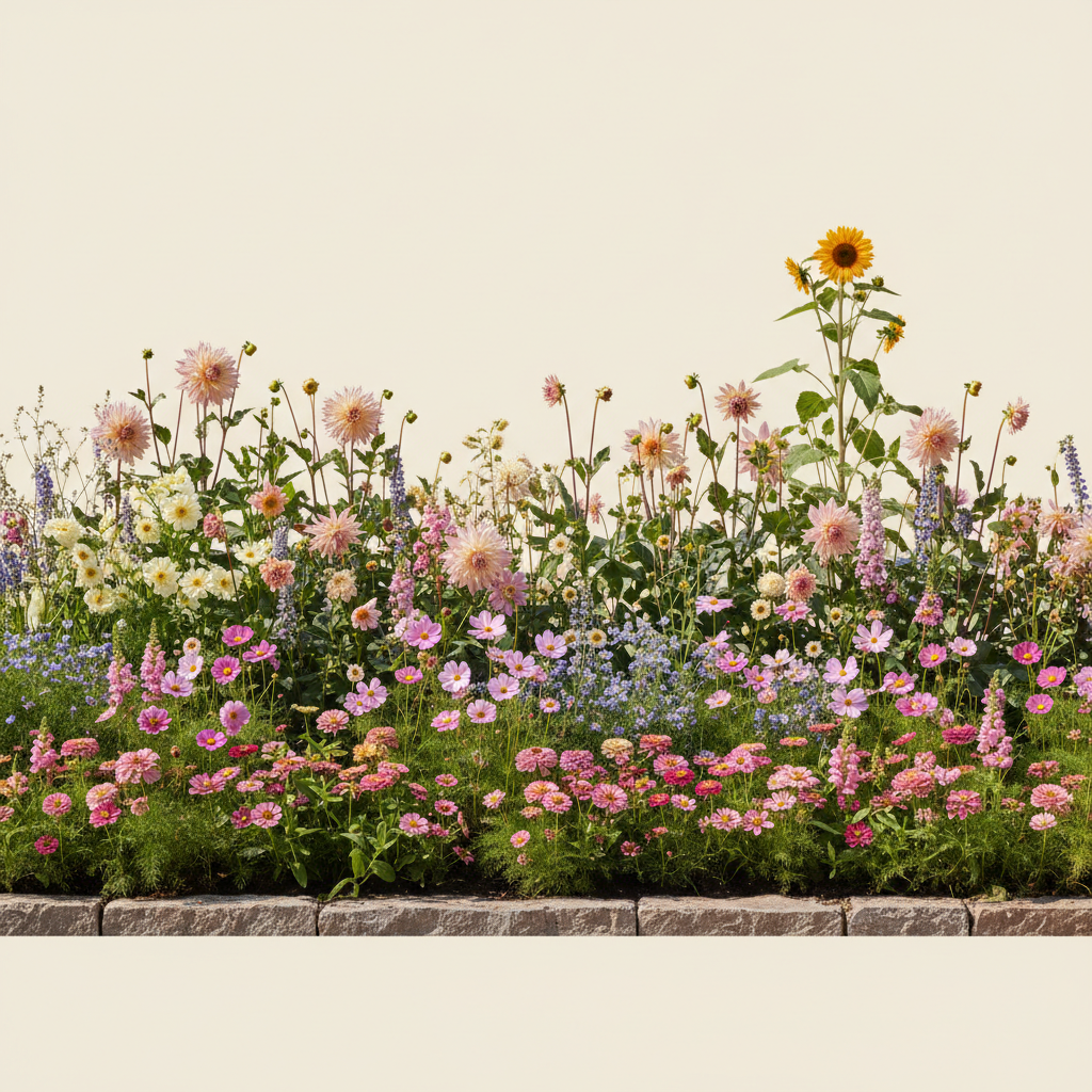 Rabatt med dahlia, zinnia, cosmos i full sol – 60 m² snittblomsterbädd
