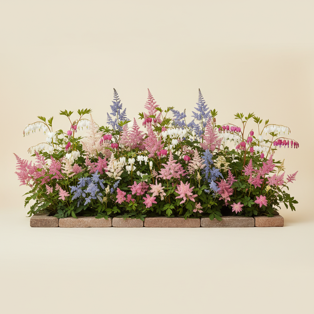 Rabatt med löjtnantshjärta, astilbe i skugga – 6 m² perennrabatt