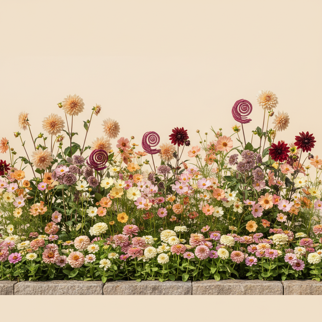 Rabatt med dahlia, zinnia, cosmos i full sol – 9 m² snittblomsterbädd