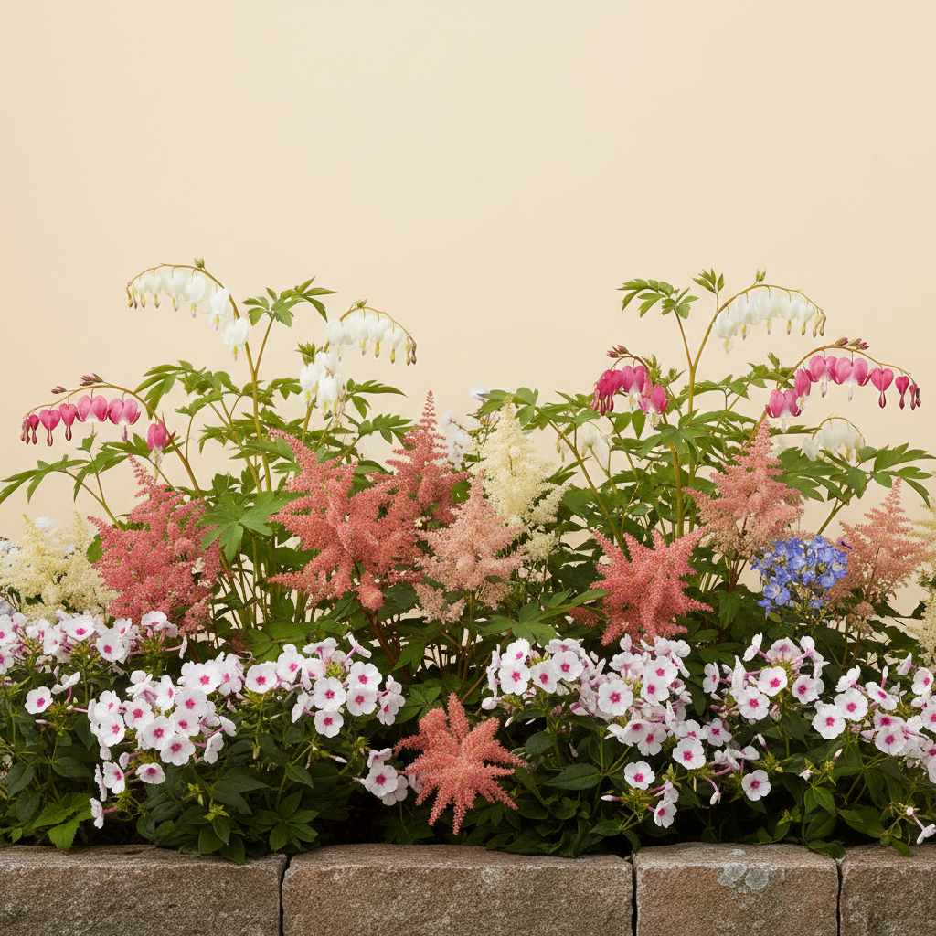 Rabatt med löjtnantshjärta, astilbe, höstflox i halvskugga – 3 m² perennrabatt