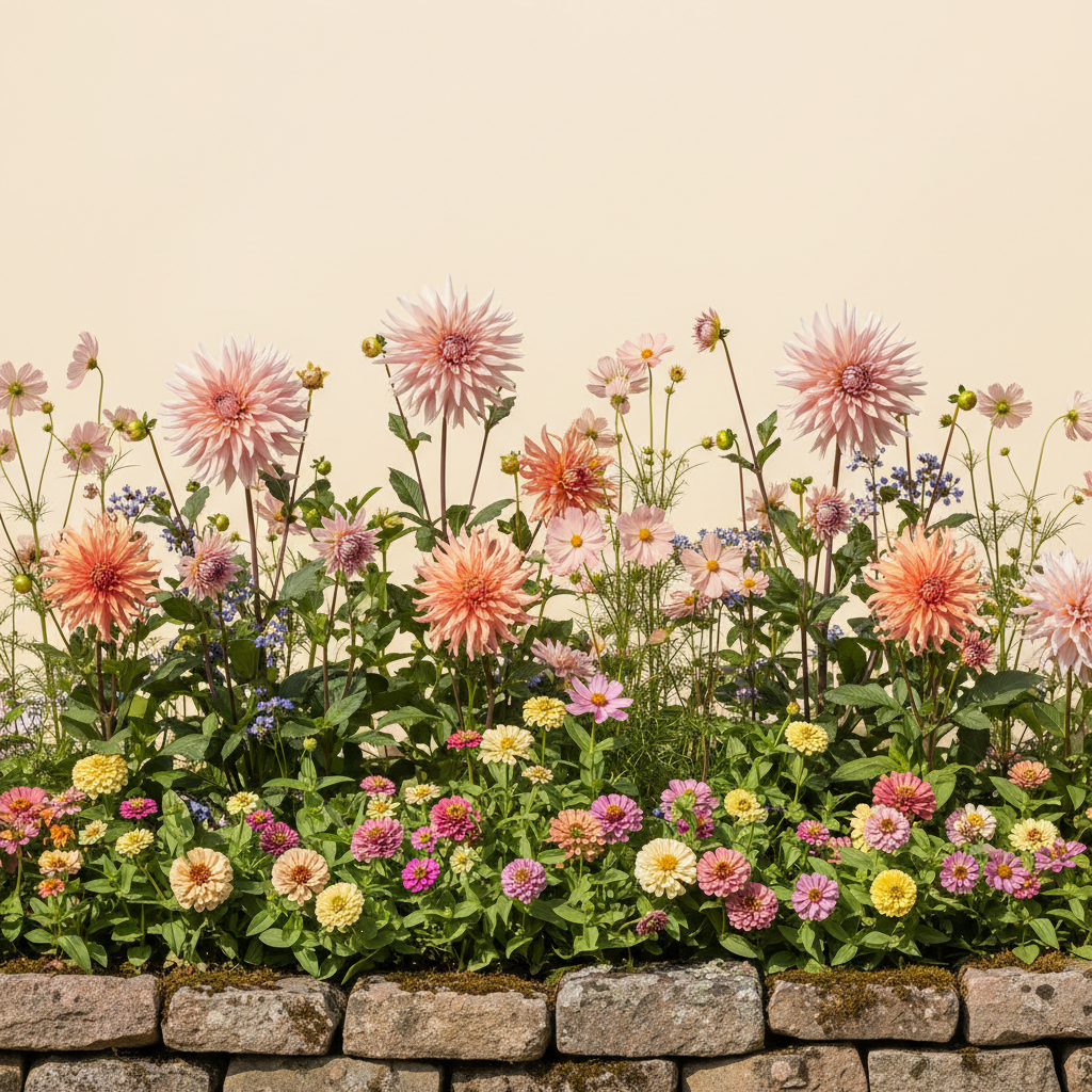 Rabatt med dahlia, zinnia, cosmos i full sol – 2 m² snittblomsterbädd