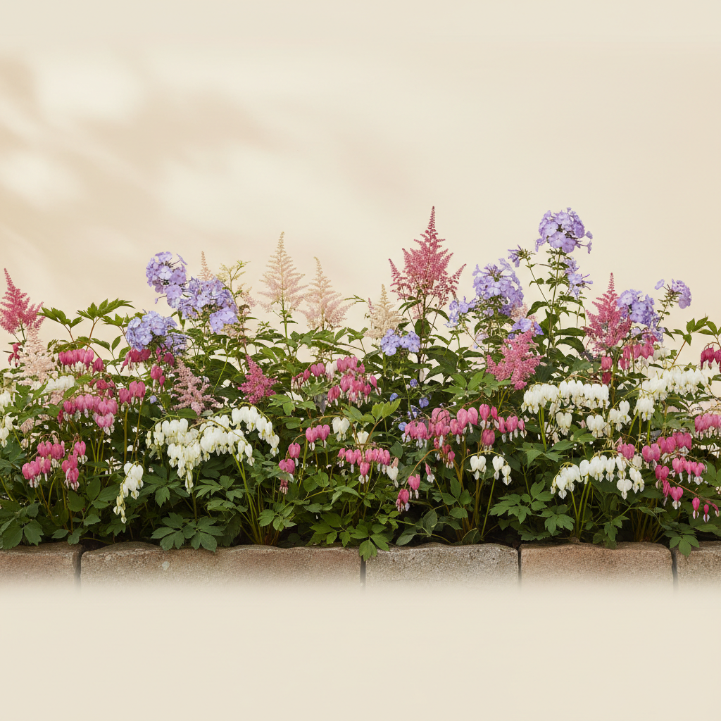 Rabatt med löjtnantshjärta, astilbe, höstflox i halvskugga – 4 m² perennrabatt