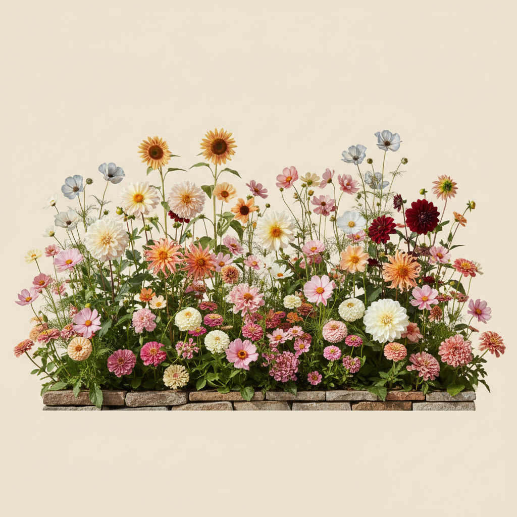 Rabatt med dahlia, zinnia, cosmos i full sol – 32 m² snittblomsterbädd