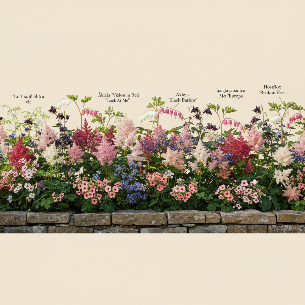 Rabatt med löjtnantshjärta, astilbe, höstflox i halvskugga – 32 m² perennrabatt