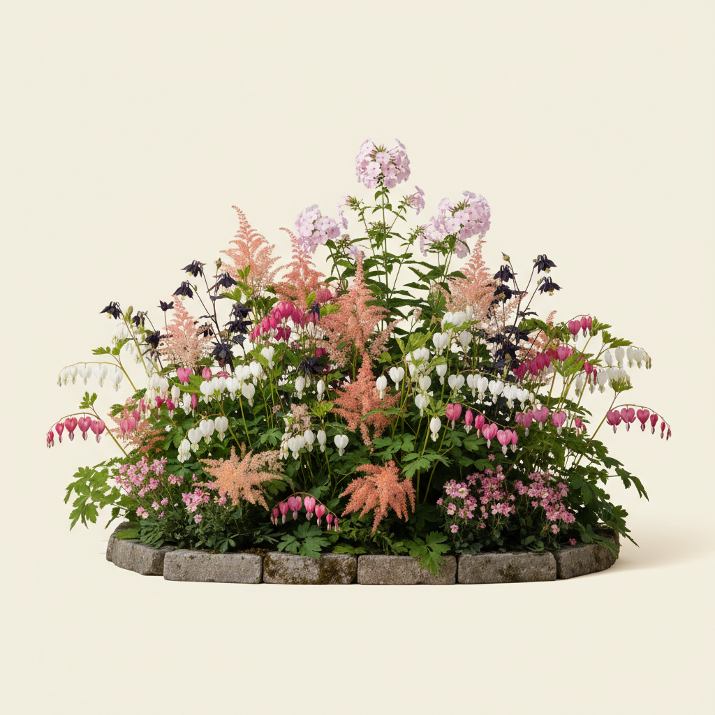 Rabatt med löjtnantshjärta, astilbe, höstflox i halvskugga – 6 m² perennrabatt
