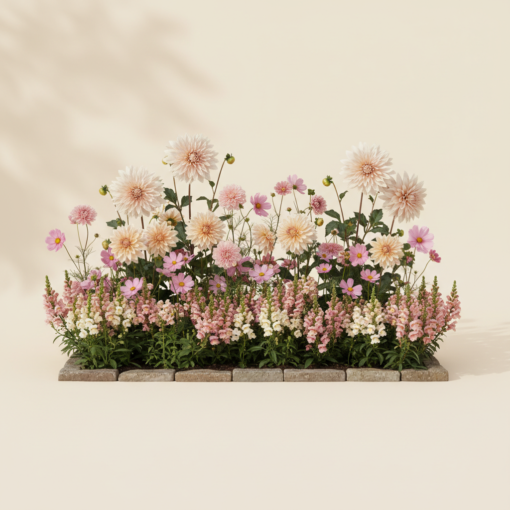 Rabatt med dahlia, rosenskära, lejongap i halvskugga – 1 m² snittblomsterbädd