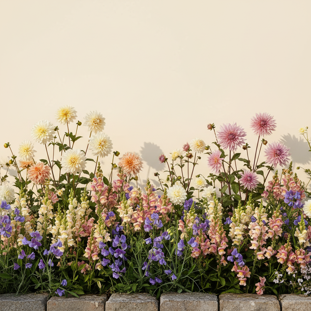 Rabatt med dahlia, lejongap, luktärt i halvskugga – 2 m² snittblomsterbädd