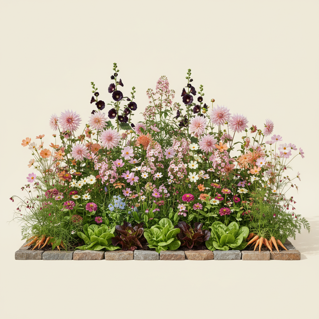 Rabatt med dahlia, zinnia, cosmos i full sol – 6 m² blandad rabatt