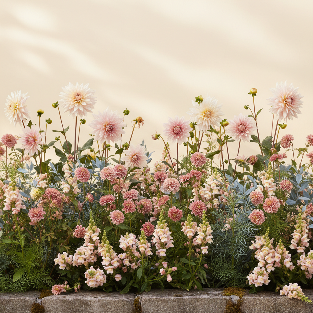 Rabatt med dahlia, rosenskära, lejongap i halvskugga – 2 m² snittblomsterbädd