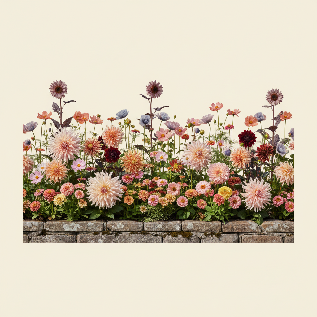 Rabatt med dahlia, zinnia, cosmos i full sol – 14 m² snittblomsterbädd