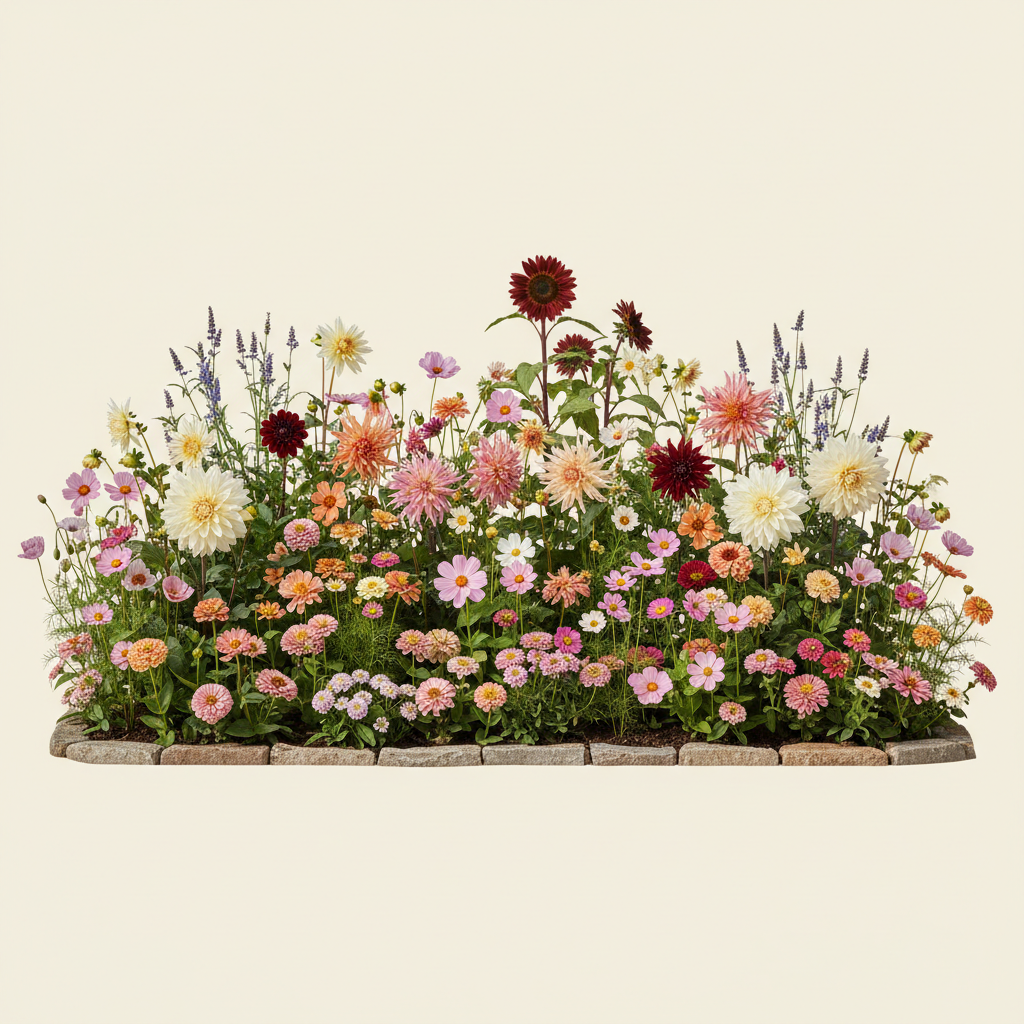Rabatt med dahlia, zinnia, cosmos i full sol – 25 m² snittblomsterbädd