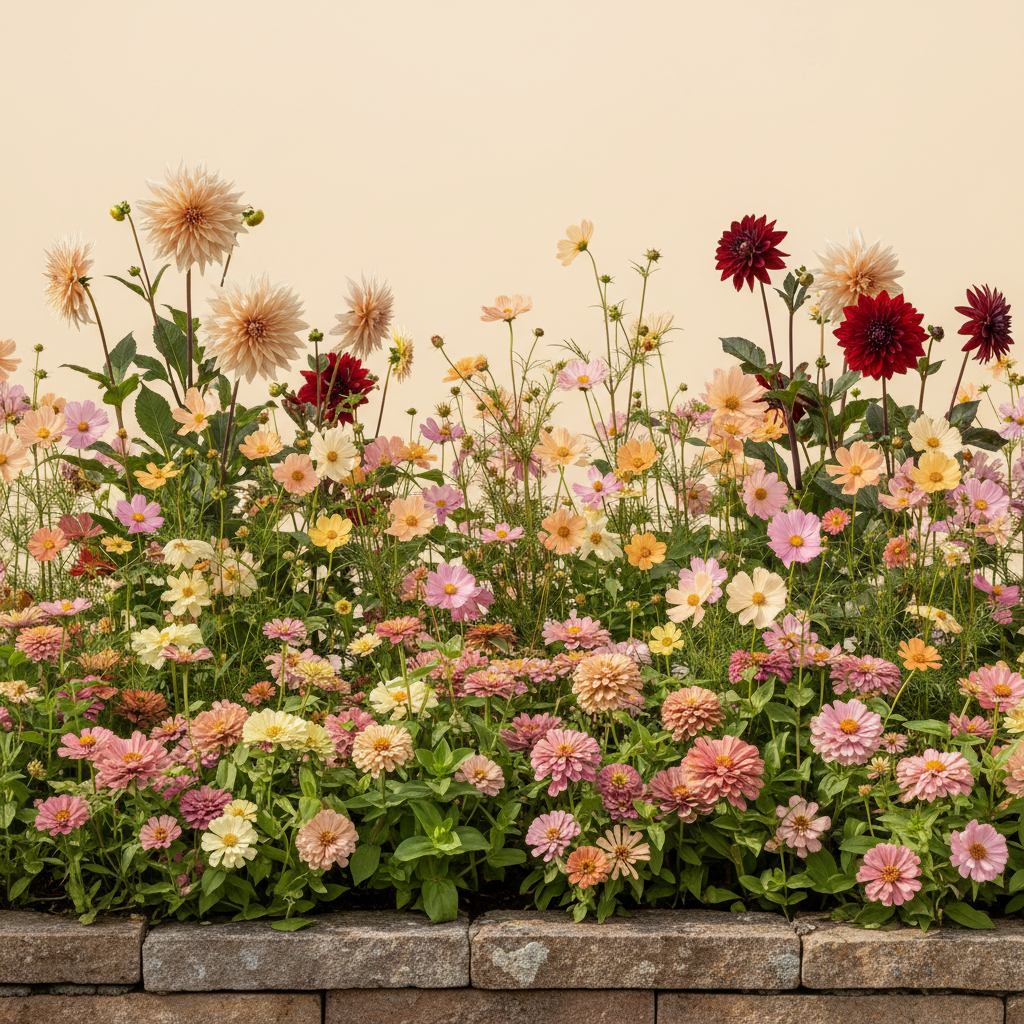 Rabatt med dahlia, zinnia, cosmos i full sol – 2 m² snittblomsterbädd