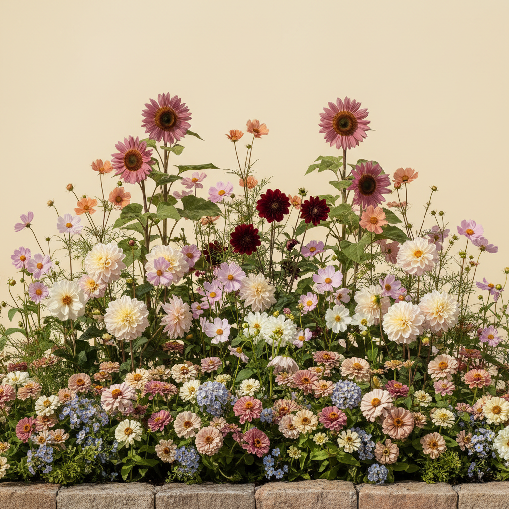 Rabatt med dahlia, zinnia, cosmos i full sol – 6 m² snittblomsterbädd
