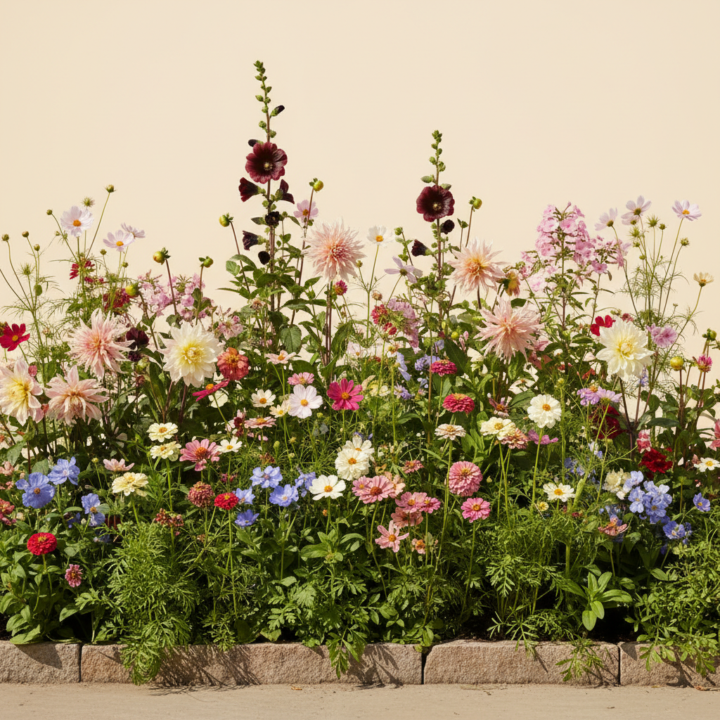 Rabatt med dahlia, zinnia, cosmos i full sol – 6 m² blandad rabatt