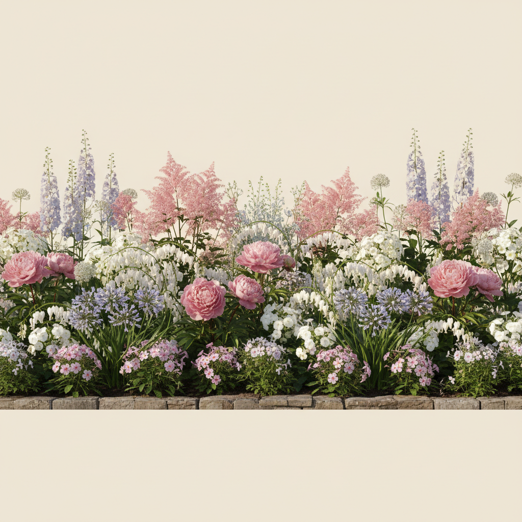 Rabatt med astilbe, pion, riddarsporre i full sol – 20 m² perennrabatt
