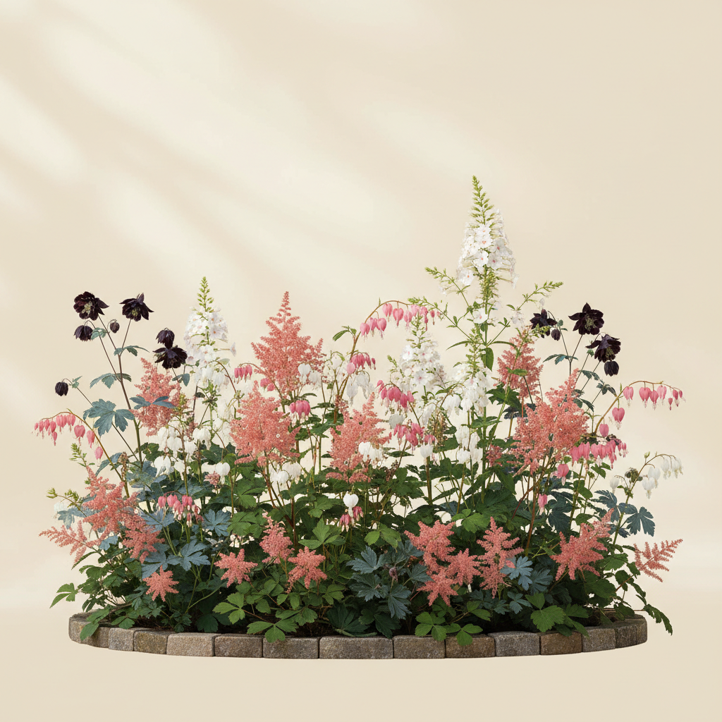 Rabatt med löjtnantshjärta, astilbe, höstflox i halvskugga – 6 m² perennrabatt