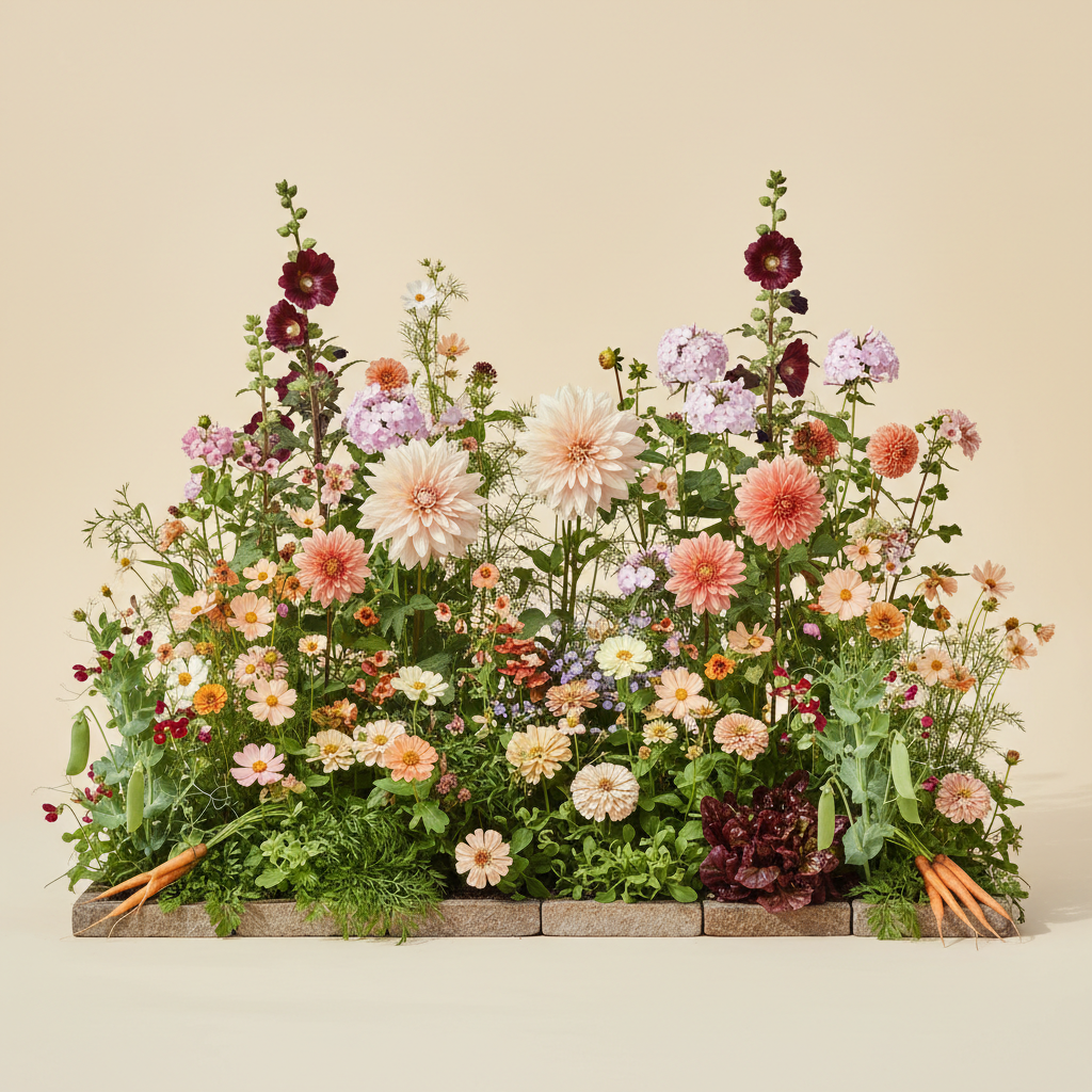 Rabatt med dahlia, zinnia, cosmos i full sol – 12 m² blandad rabatt