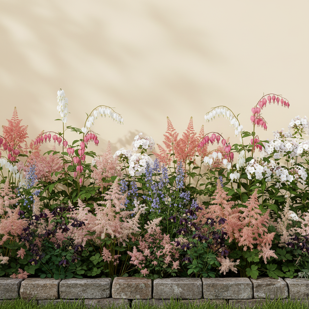 Rabatt med löjtnantshjärta, astilbe, höstflox i halvskugga – 12 m² perennrabatt