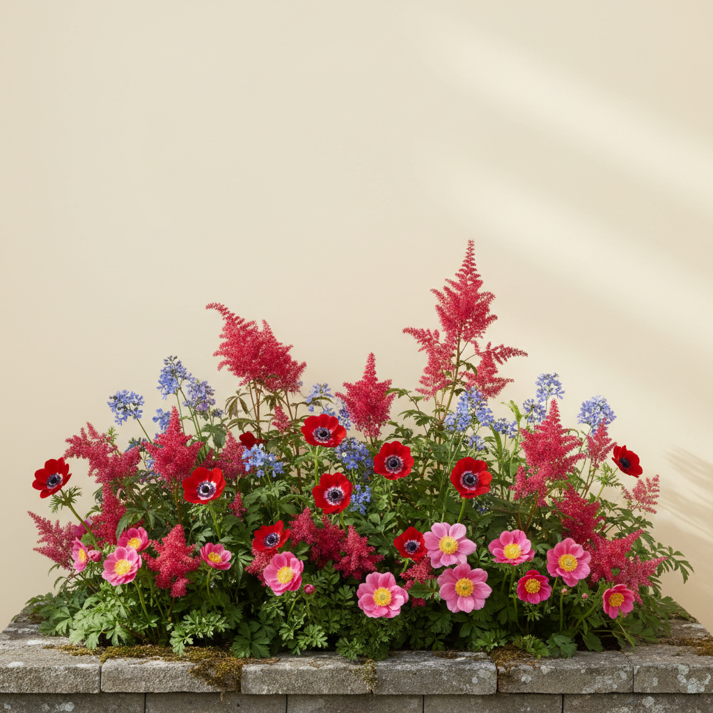 Rabatt med anemon, astilbe, anemone i halvskugga – 2 m² perennrabatt