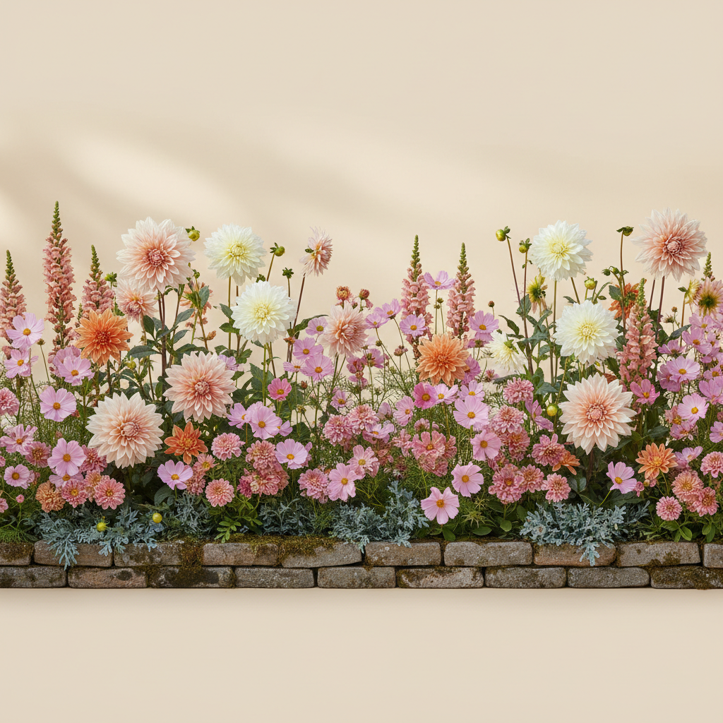 En liten 8 m² bädd i halvskugga — planerad för snittblommor. Här samsas Dahlia 'Cafe au Lait', Dahlia 'Sweet Nathalie', Dahlia 'Eveline', Dahlia 'Creme de Cognac', Rosenskära 'Double Dutch Rose' (frö), Lejongap 'Madame Butterfly Pink' (frö) och Lejongap 'Madame Butterfly Bronze' (frö), valda för att trivas tillsammans.