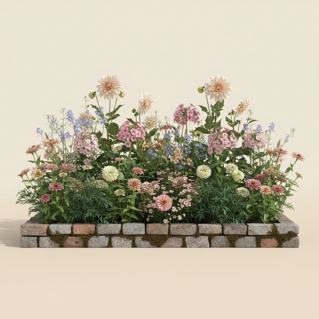 Rabatt med dahlia, zinnia, trädgårdssallat i full sol – 2 m² blandad rabatt