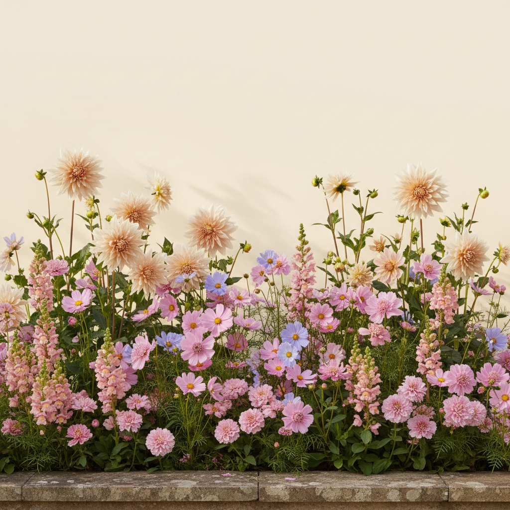 Rabatt med dahlia, rosenskära, lejongap i halvskugga – 2 m² snittblomsterbädd
