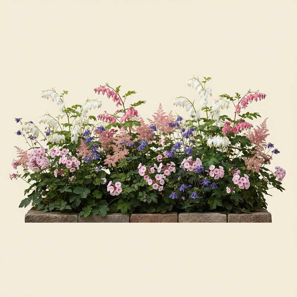 Rabatt med löjtnantshjärta, astilbe, höstflox i halvskugga – 6 m² perennrabatt