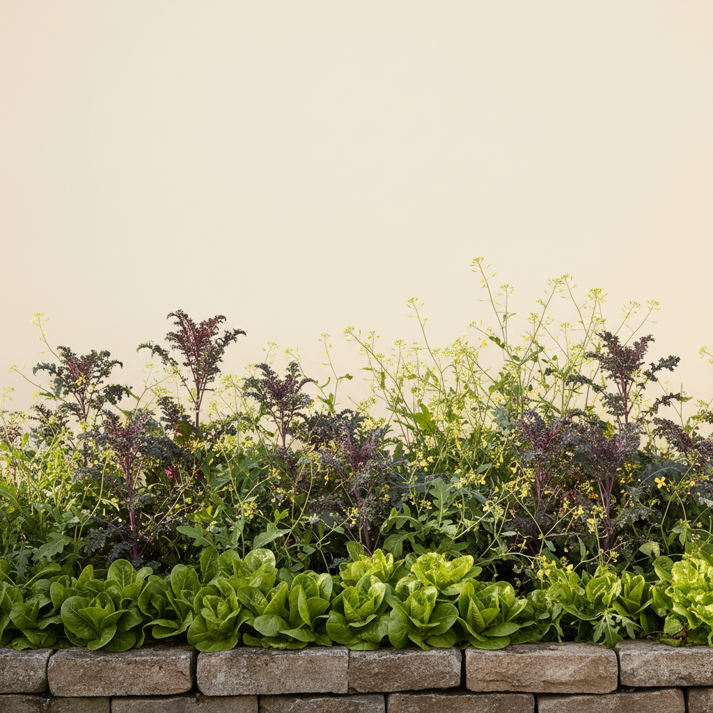 Rabatt med trädgårdssallat, vild, grönkål i halvskugga – 6 m² blandad rabatt