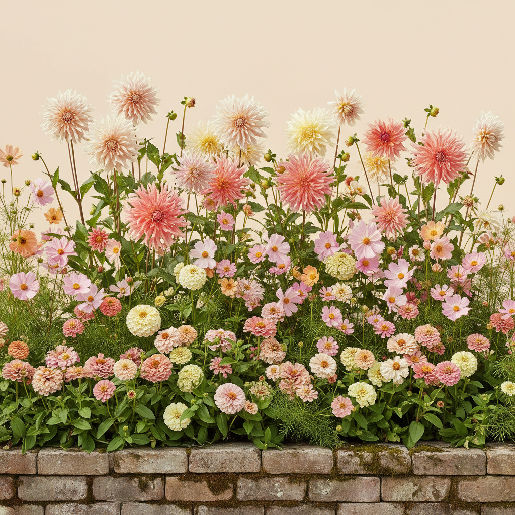 Rabatt med dahlia, zinnia, cosmos i full sol – 1 m² snittblomsterbädd