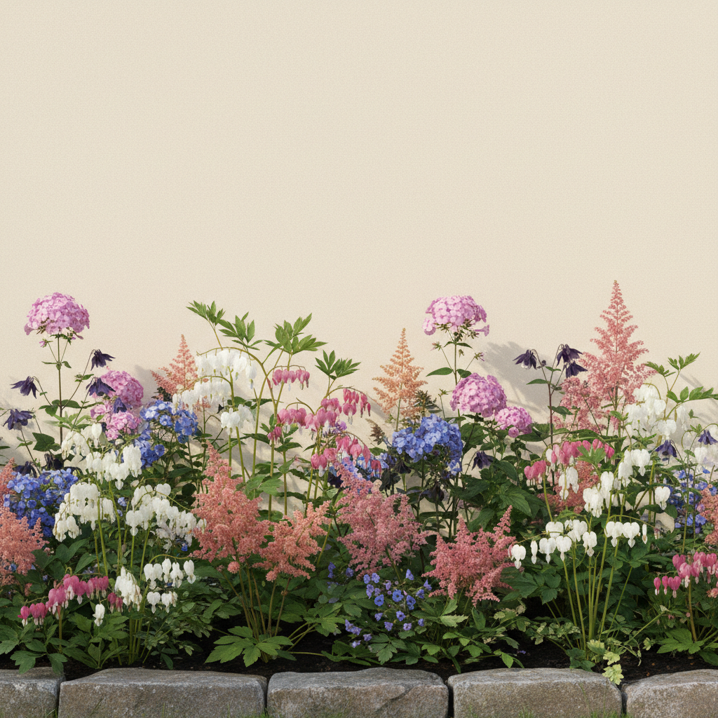 Rabatt med löjtnantshjärta, astilbe, höstflox i halvskugga – 6 m² perennrabatt