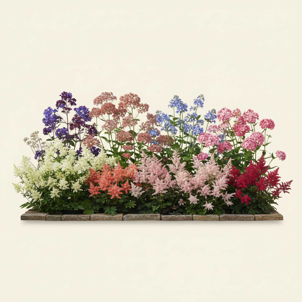 Rabatt med löjtnantshjärta, astilbe, höstflox i halvskugga – 60 m² perennrabatt