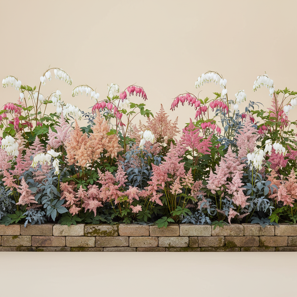 Rabatt med löjtnantshjärta, astilbe i skugga – 6 m² perennrabatt