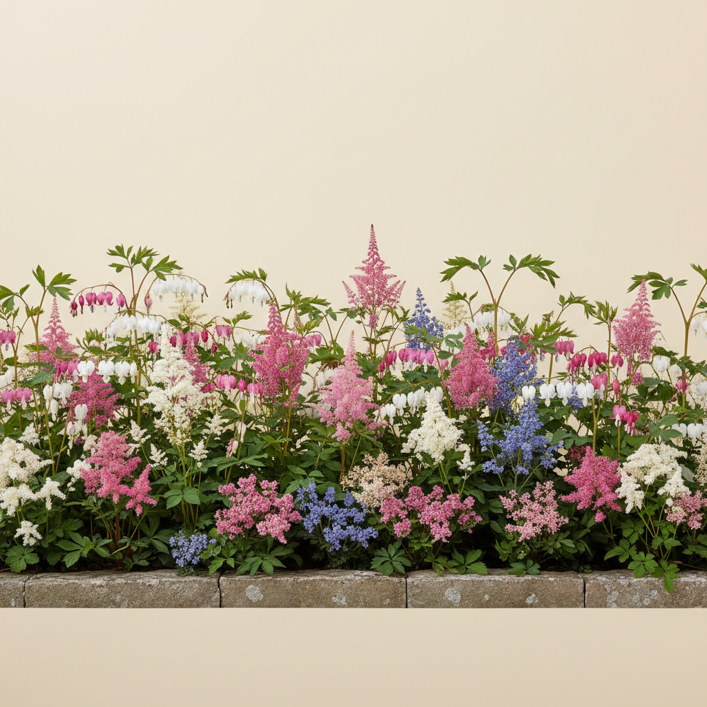 Rabatt med löjtnantshjärta, astilbe i skugga – 6 m² perennrabatt