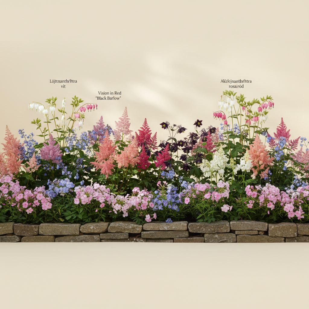 Rabatt med löjtnantshjärta, astilbe, höstflox i halvskugga – 32 m² perennrabatt