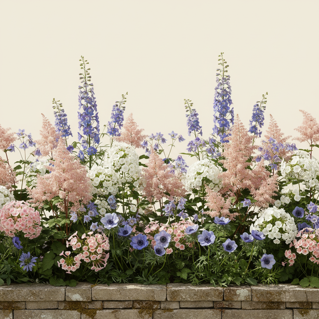 Rabatt med riddarsporre, astilbe, höstflox i full sol – 7 m² perennrabatt
