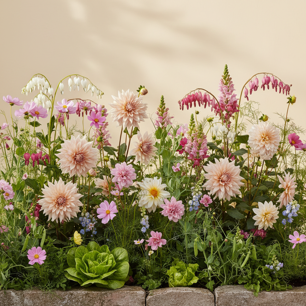 Rabatt med dahlia, rosenskära, lejongap i halvskugga – 6 m² blandad rabatt