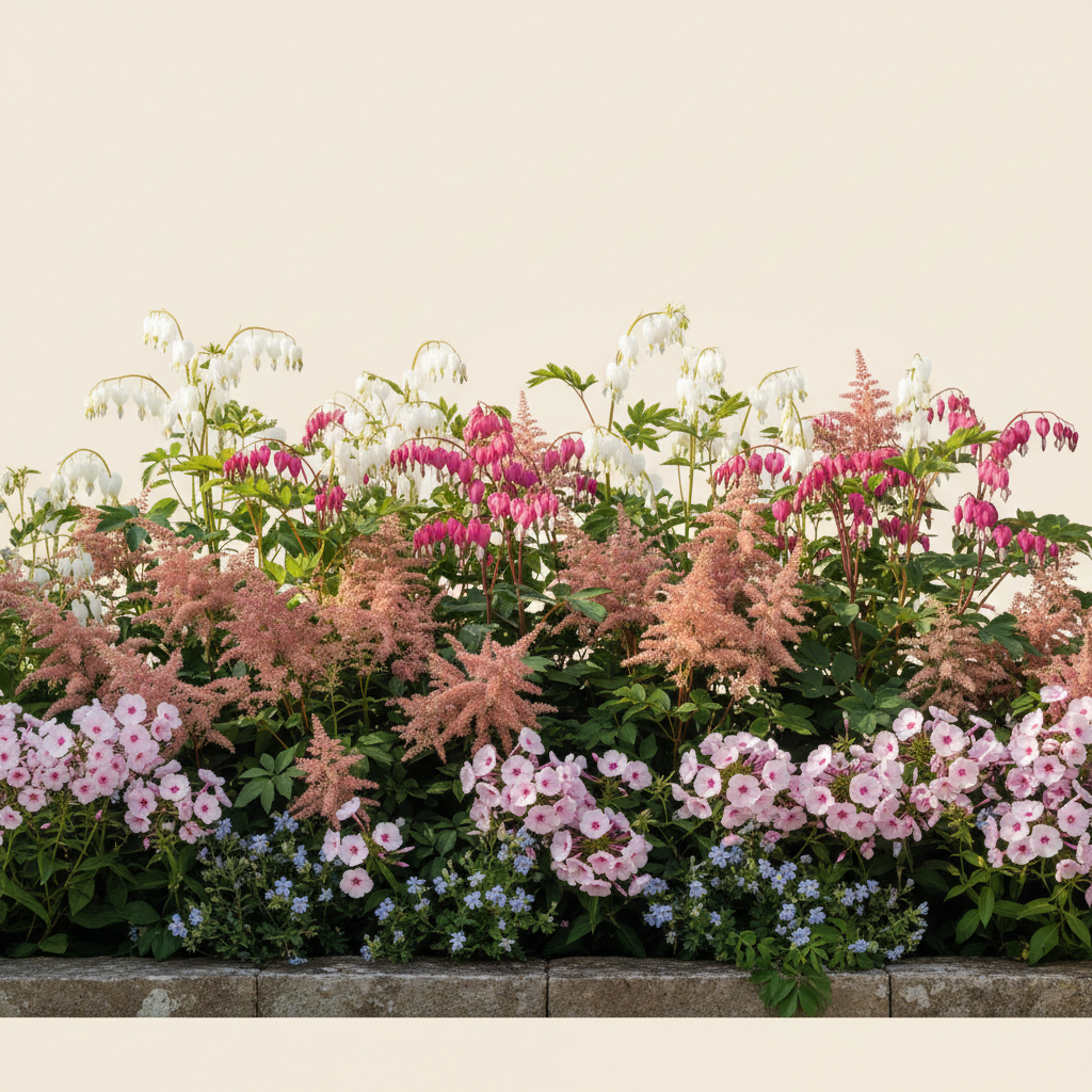 Rabatt med löjtnantshjärta, astilbe, höstflox i halvskugga – 4 m² perennrabatt