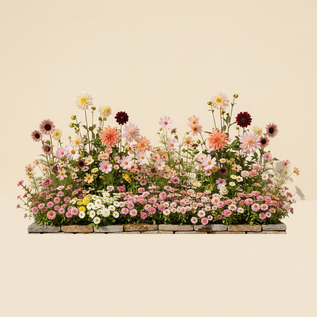 Rabatt med dahlia, zinnia, cosmos i full sol – 6 m² snittblomsterbädd