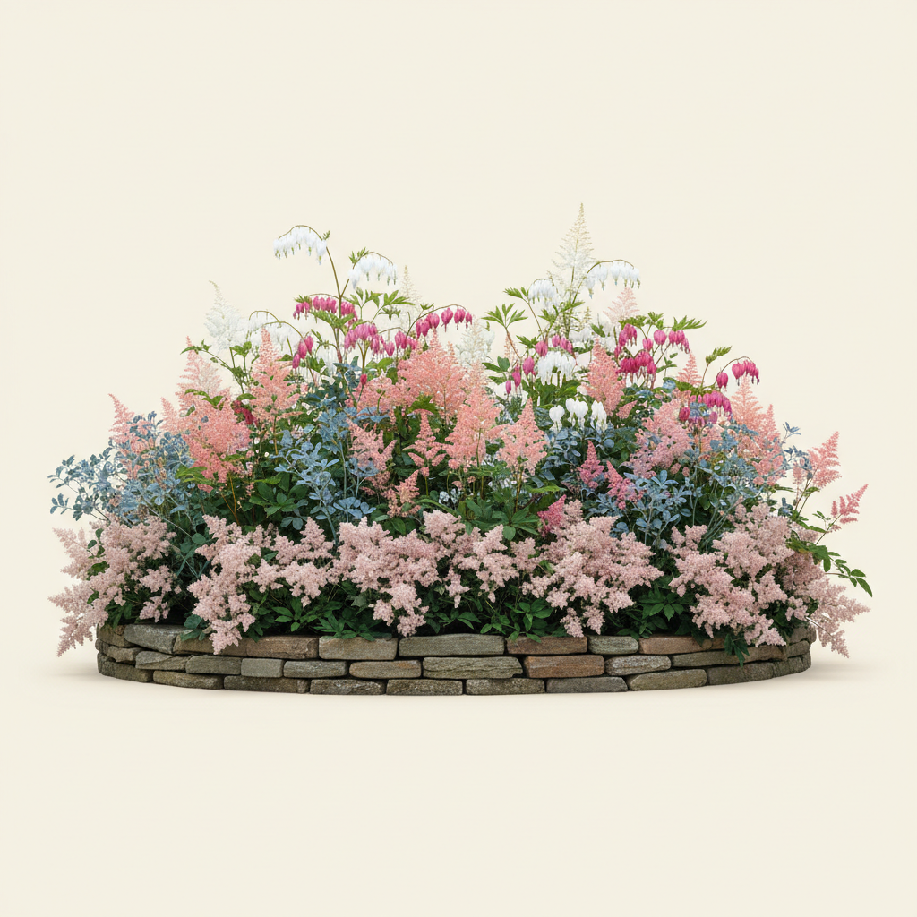 Rabatt med löjtnantshjärta, astilbe i skugga – 6 m² perennrabatt