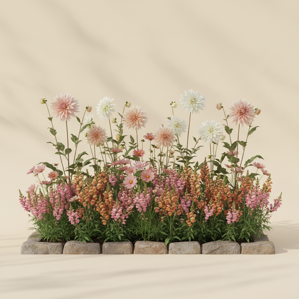Rabatt med dahlia, rosenskära, lejongap i halvskugga – 4 m² snittblomsterbädd