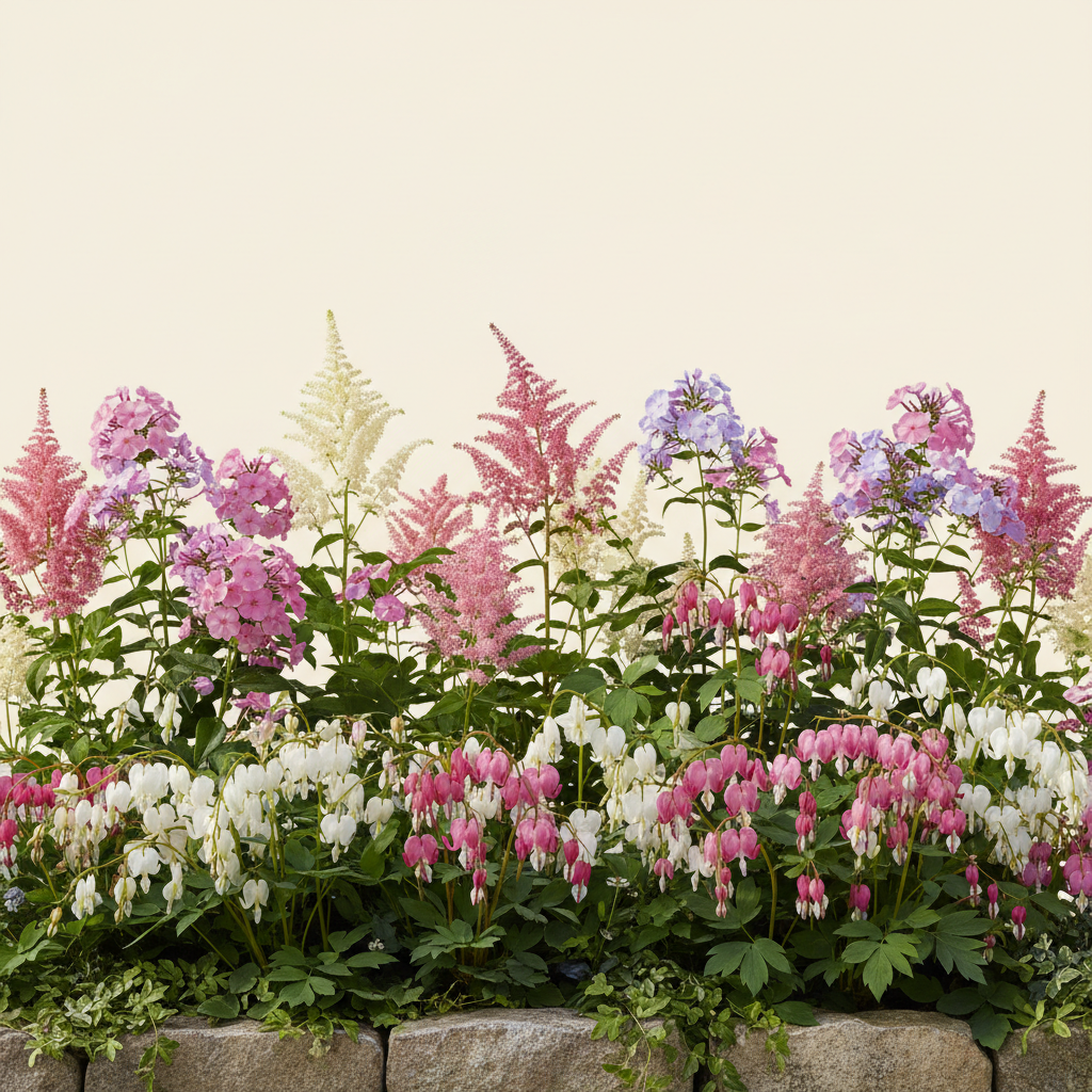 Rabatt med löjtnantshjärta, astilbe, höstflox i halvskugga – 4 m² perennrabatt